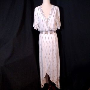 NWOT White Lapogee S.Sleeve Hi-Lo Faux Wrap Dress w/ Greek Style Print Size L